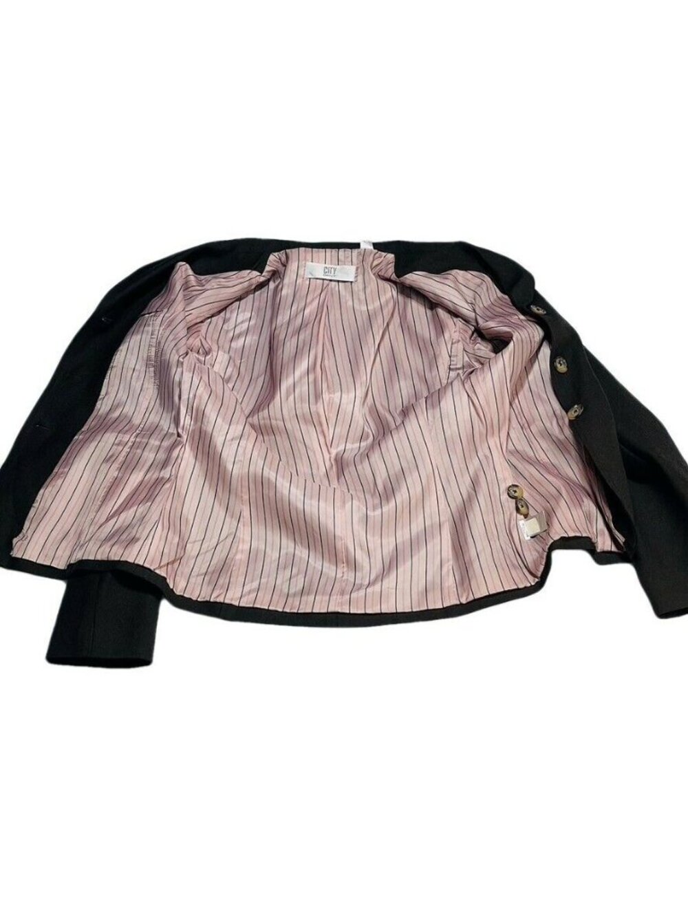 DKNY City Womens Black Blazer & Skirt Suit Set Size 8 With Pink Striped Lining - Picture 6 of 12